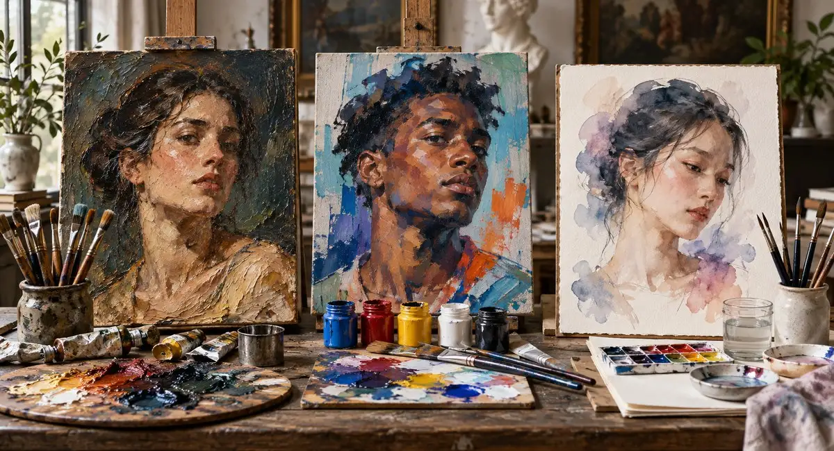 Oil, acrylic and watercolor portrait painting mediums compared
