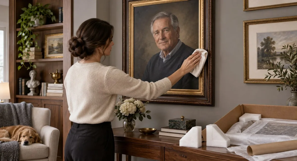 Framed memorial portrait being carefully cleaned and prepared for delivery