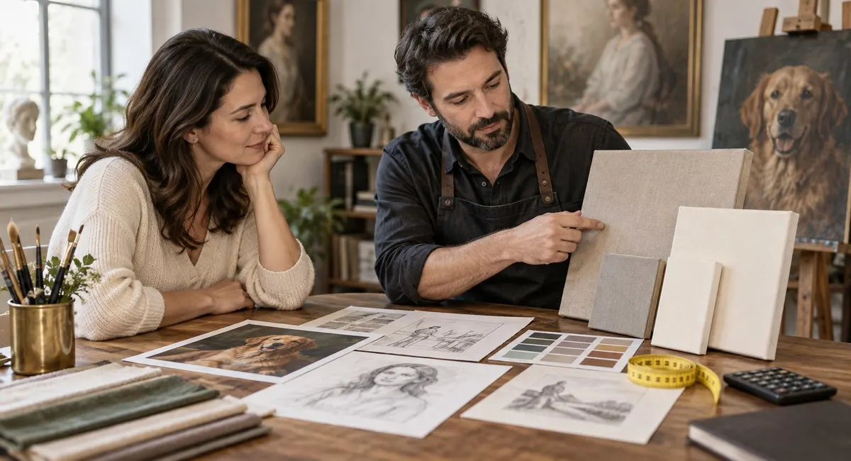 Client and artist planning the budget and size of a portrait commission