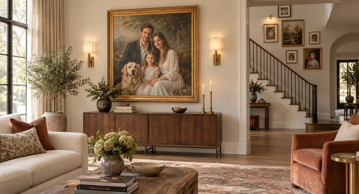 Framed custom family portrait displayed in an elegant living room