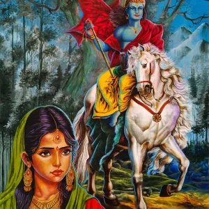 Krishna on horse and Radha artwork